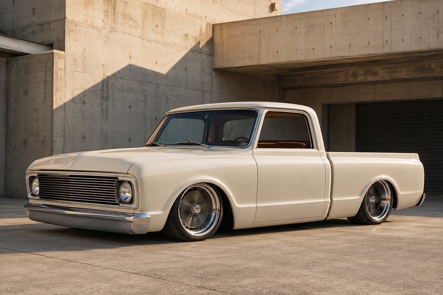 AI-generated concept of an ivory custom pickup outside a concrete garage